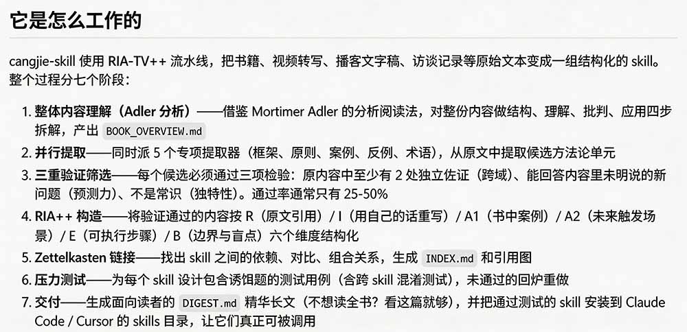 (19809期)全网走红!GitHub上6.7K Star的开源项目,把任何书、长视频、播客蒸馏成AI工具,值得收藏 cangjie-skill插图5 (19809期)全网走红!GitHub上6.7K Star的开源项目,把任何书、长视频、播客蒸馏成AI工具,值得收藏 cangjie-skill插图5