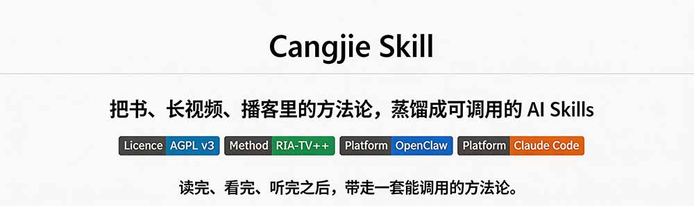 (19809期)全网走红!GitHub上6.7K Star的开源项目,把任何书、长视频、播客蒸馏成AI工具,值得收藏 cangjie-skill插图2 (19809期)全网走红!GitHub上6.7K Star的开源项目,把任何书、长视频、播客蒸馏成AI工具,值得收藏 cangjie-skill插图2