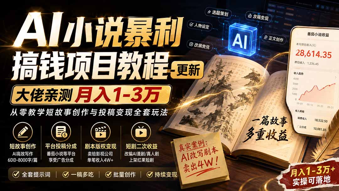 (20044期)AI小说暴利搞钱项目教程-更新,大佬亲测月入1-3万,从零教学短故事创作与投稿变现全套玩法插图1 (20044期)AI小说暴利搞钱项目教程-更新,大佬亲测月入1-3万,从零教学短故事创作与投稿变现全套玩法插图1
