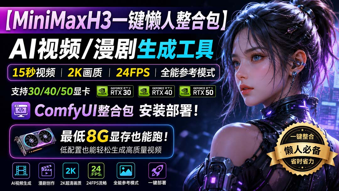 (20130期)MiniMaxH3一键懒人整合包:AI视频/漫剧生成工具,15秒视频_2K画质_24FPS_全能模式,支持30_40_50显卡,8g显存也能跑