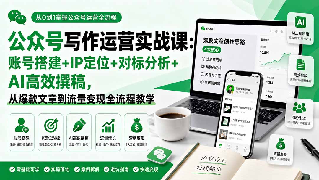 (19914期)公众号写作运营实战课:账号搭建+IP定位+对标分析+AI高效撰稿,从爆款文章到流量变现全流程教学插图1 (19914期)公众号写作运营实战课:账号搭建+IP定位+对标分析+AI高效撰稿,从爆款文章到流量变现全流程教学插图1