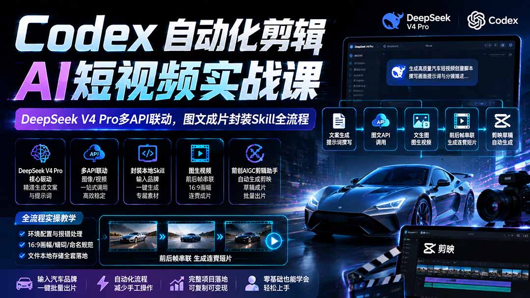 (19711期)Codex自动化剪辑AI短视频实战课|DeepSeek V4 Pro多API联动,图文成片封装Skill全流程插图1 (19711期)Codex自动化剪辑AI短视频实战课|DeepSeek V4 Pro多API联动,图文成片封装Skill全流程插图1
