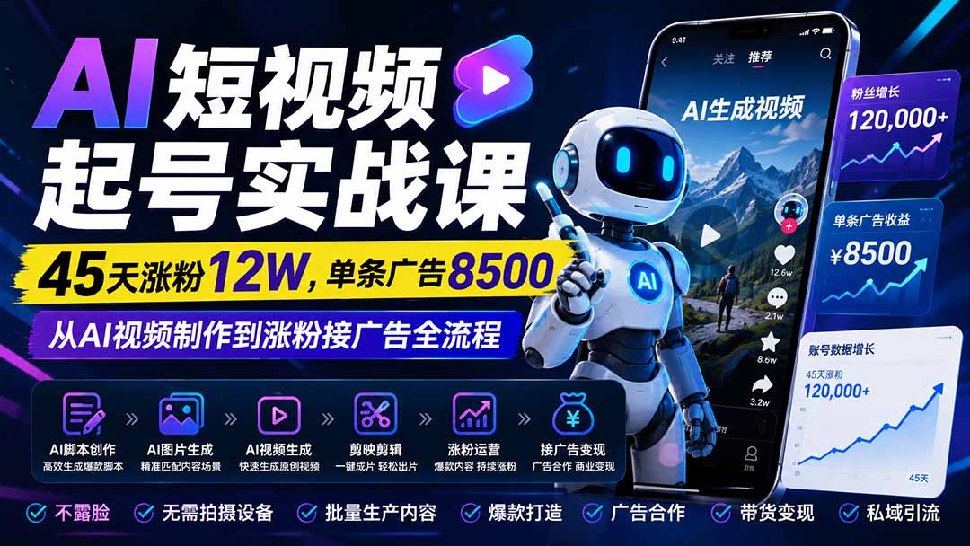 (20085期)AI短视频起号实战课:45天涨粉12W,单条广告8500,从AI视频制作到涨粉接广告全流程插图1 (20085期)AI短视频起号实战课:45天涨粉12W,单条广告8500,从AI视频制作到涨粉接广告全流程插图1