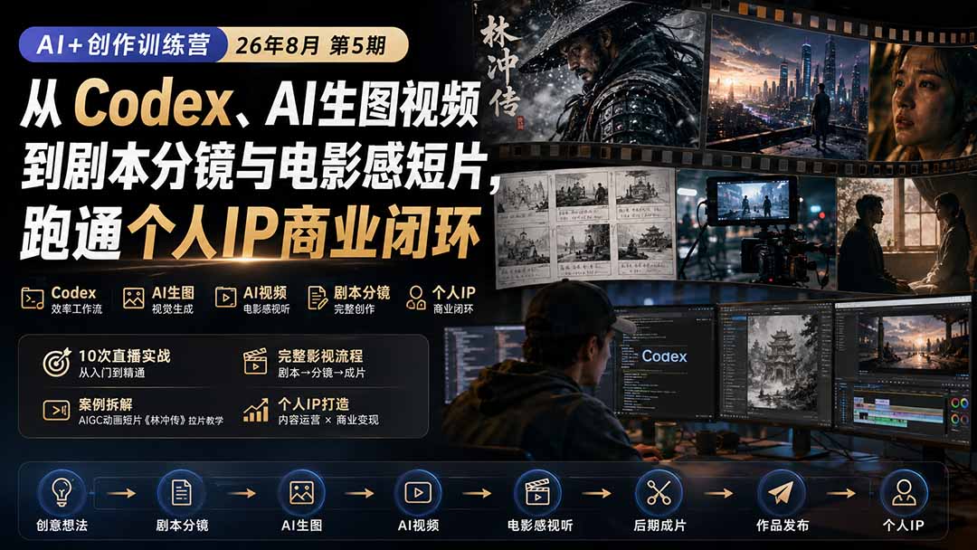(20145期)AI+创作训练营26年8月第5期:从Codex、AI生图视频到剧本分镜与电影感短片,跑通个人IP商业闭环插图1 (20145期)AI+创作训练营26年8月第5期:从Codex、AI生图视频到剧本分镜与电影感短片,跑通个人IP商业闭环插图1
