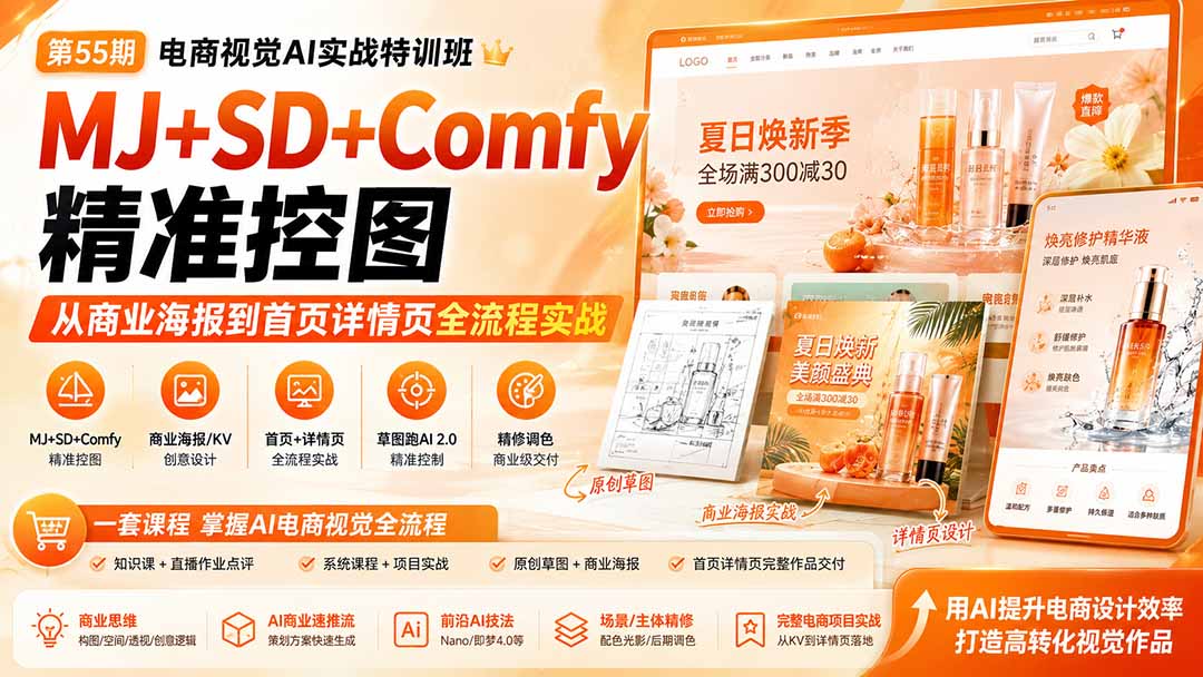 (20027期)电商视觉 AI实战训练营第55期:MJ+SD+Comfy精准控图,从商业海报到首页详情页全流程实战
