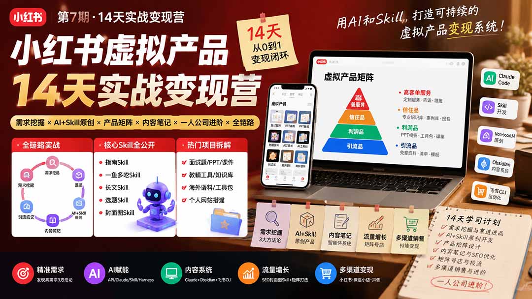 （19712期）小红书虚拟产品14天实战变现营-第7期：需求挖掘×AI+Skill原创×产品矩阵×内容笔记×一人公司进阶×全链路插图1