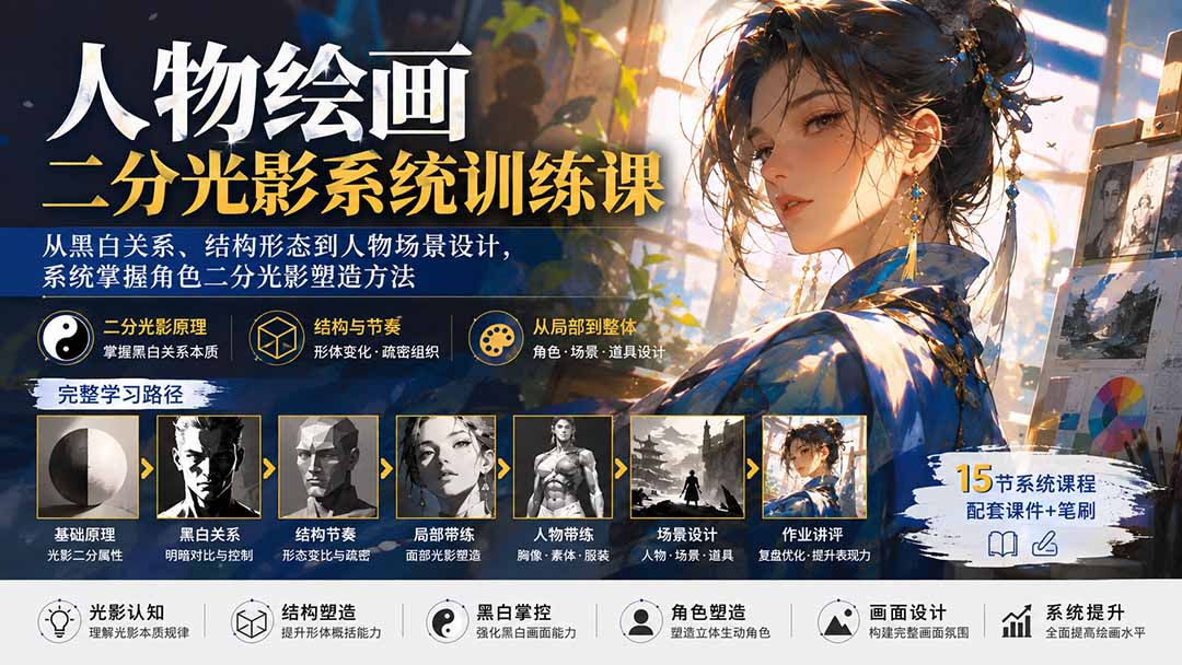 （20141期）人物绘画二分光影系统训练课：从黑白关系、结构形态到人物场景设计，系统掌握角色二分光影塑造方法插图1