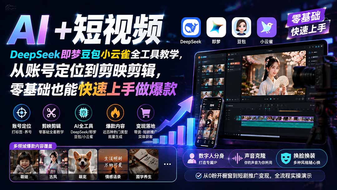 (19759期) AI+短视频|DeepSeek即梦豆包小云雀全工具教学,从账号定位到剪映剪辑,零基础也能快速上手做爆款插图1 (19759期) AI+短视频|DeepSeek即梦豆包小云雀全工具教学,从账号定位到剪映剪辑,零基础也能快速上手做爆款插图1
