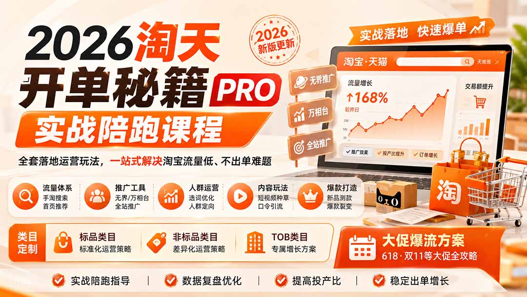 (20029期)2026淘天开单秘籍PRO实战陪跑课程:全套落地运营玩法,一站式解决淘宝流量低、不出单难题(更新260823)插图1 (20029期)2026淘天开单秘籍PRO实战陪跑课程:全套落地运营玩法,一站式解决淘宝流量低、不出单难题(更新260823)插图1