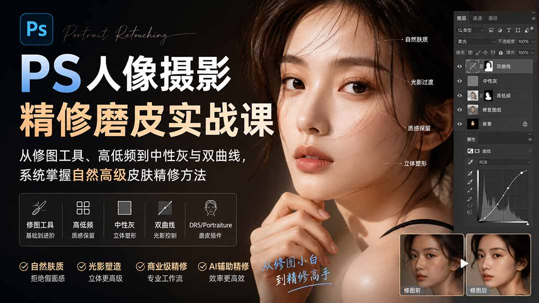（20061期）PS人像摄影精修磨皮实战课：从修图工具、高低频到中性灰与双曲线，系统掌握自然高级皮肤精修方法