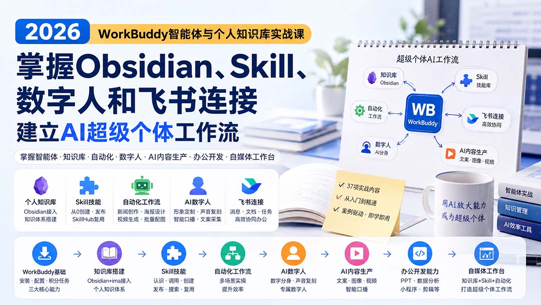 (20169期)2026 WorkBuddy智能体与个人知识库实战课:掌握Obsidian、Skill、数字人和飞书连接,建立AI超级个体工作流插图 (20169期)2026 WorkBuddy智能体与个人知识库实战课:掌握Obsidian、Skill、数字人和飞书连接,建立AI超级个体工作流插图