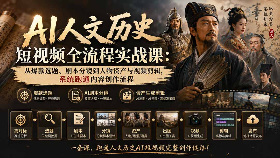 (20074期)AI人文历史短视频全流程实战课:从爆款选题、剧本分镜到人物资产与视频剪辑,系统跑通内容创作流程