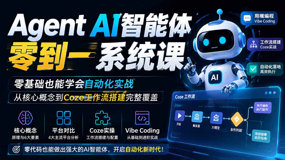 (19753期)Agent AI智能体零到一系统课;零基础也能学会自动化实战,从核心概念到Coze工作流搭建完整覆盖插图1 (19753期)Agent AI智能体零到一系统课;零基础也能学会自动化实战,从核心概念到Coze工作流搭建完整覆盖插图1
