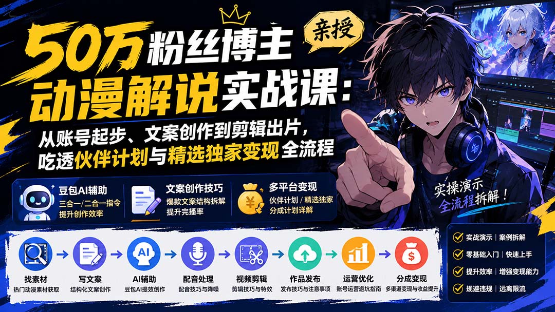 (20144期)50万粉丝博主亲授动漫解说实战课:从账号起步、文案创作到剪辑出片,吃透伙伴计划与精选独家变现全流程插图1 (20144期)50万粉丝博主亲授动漫解说实战课:从账号起步、文案创作到剪辑出片,吃透伙伴计划与精选独家变现全流程插图1