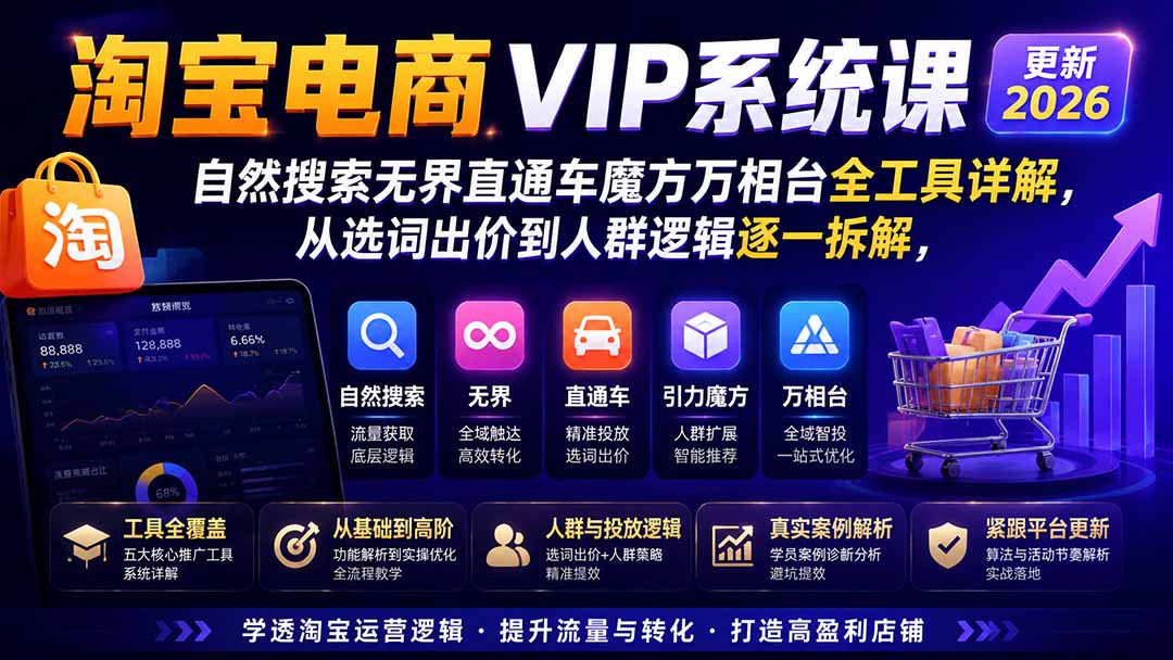 (20094期)2026淘宝电商终局之战VIP课-更新:自然搜索+直通车+无界+精准人群,系统掌握测款动销与全店推广布局方法插图1 (20094期)2026淘宝电商终局之战VIP课-更新:自然搜索+直通车+无界+精准人群,系统掌握测款动销与全店推广布局方法插图1