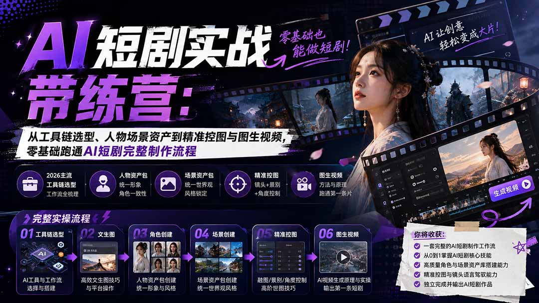 (20064期)AI短剧实战训练营:从工具链选型、人物场景资产到精准控图与图生视频,零基础跑通AI短剧完整制作流程