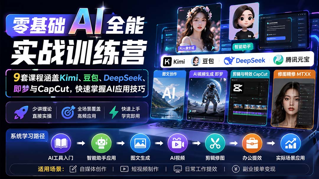 (20134期)零基础AI全能实战训练营:9套课程涵盖Kimi、豆包、DeepSeek、即梦与CapCut,快速掌握AI应用技巧插图1 (20134期)零基础AI全能实战训练营:9套课程涵盖Kimi、豆包、DeepSeek、即梦与CapCut,快速掌握AI应用技巧插图1