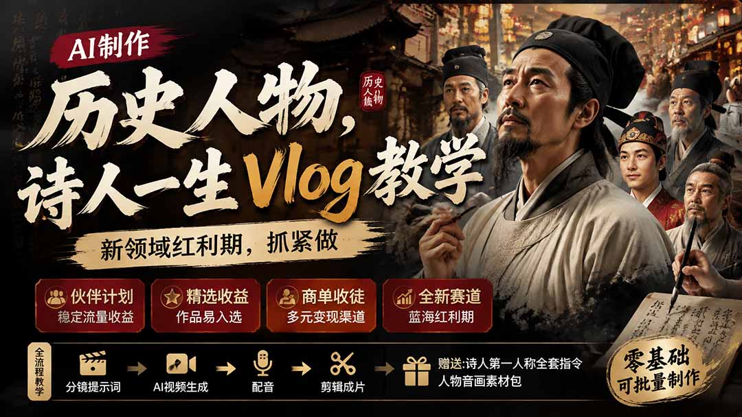 (19758期)历史人物,诗人一生Vlog教学, AI制作丨伙伴计划丨精选收益丨商单收徒 ,新领域红利期,抓紧做插图1 (19758期)历史人物,诗人一生Vlog教学, AI制作丨伙伴计划丨精选收益丨商单收徒 ,新领域红利期,抓紧做插图1