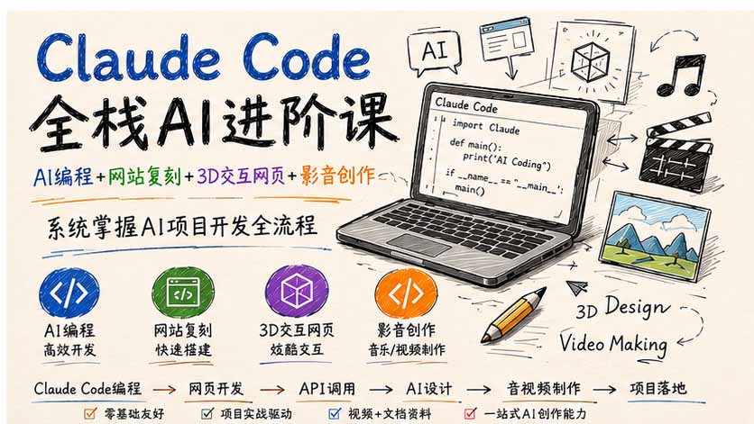 (19735期)Claude Code全栈AI进阶课;AI编程+网站复刻+3D交互网页+影音创作,系统掌握AI项目开发全流程插图1 (19735期)Claude Code全栈AI进阶课;AI编程+网站复刻+3D交互网页+影音创作,系统掌握AI项目开发全流程插图1