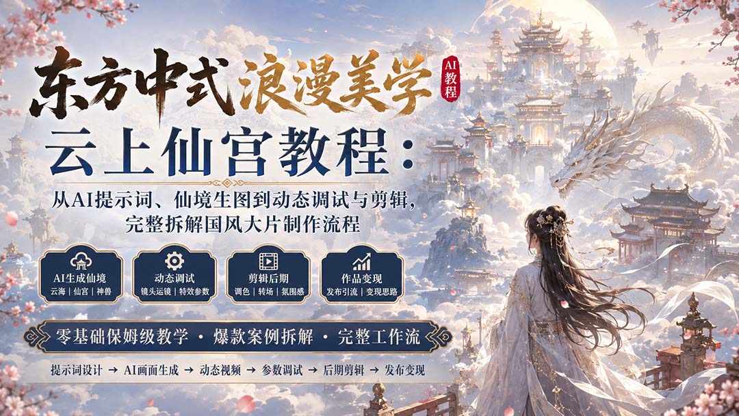 (20147期)东方中式浪漫美学云上仙宫教程:从AI提示词、仙境生图到动态调试与剪辑,完整拆解国风大片制作流程插图1 (20147期)东方中式浪漫美学云上仙宫教程:从AI提示词、仙境生图到动态调试与剪辑,完整拆解国风大片制作流程插图1
