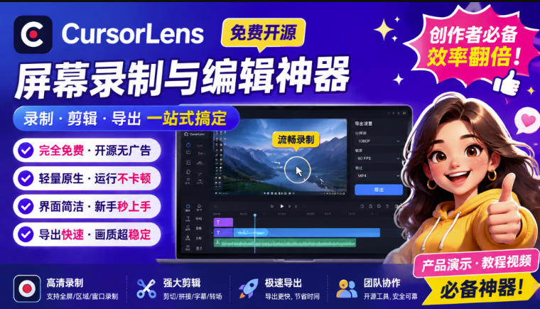 (19971期)CursorLens免费开源录屏工具,支持自动缩放,教程视频录制必备神器