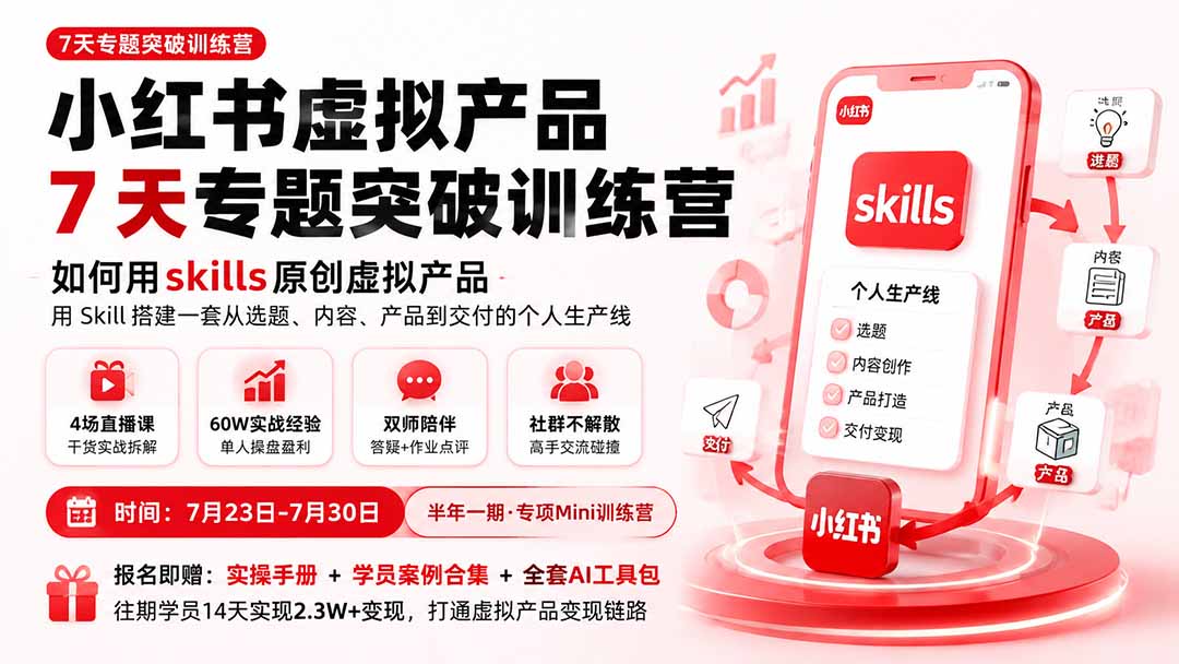 (19817期)小红书虚拟产品7天专题突破训练营,如何用skills原创虚拟产品,用Skil搭建一套从选题、内容、产品到交付的个人生产线插图1 (19817期)小红书虚拟产品7天专题突破训练营,如何用skills原创虚拟产品,用Skil搭建一套从选题、内容、产品到交付的个人生产线插图1