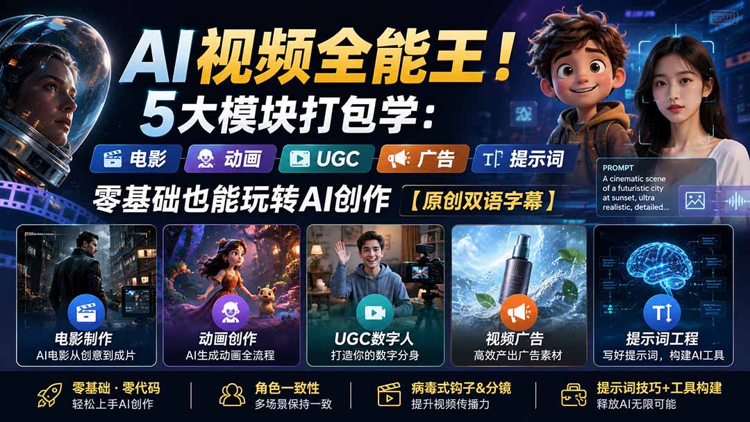 (20048期)AI视频全能王!5大模块打包学:电影、动画、UGC、广告、提示词,零基础也能玩转AI创作【原创双语字幕】插图1 (20048期)AI视频全能王!5大模块打包学:电影、动画、UGC、广告、提示词,零基础也能玩转AI创作【原创双语字幕】插图1
