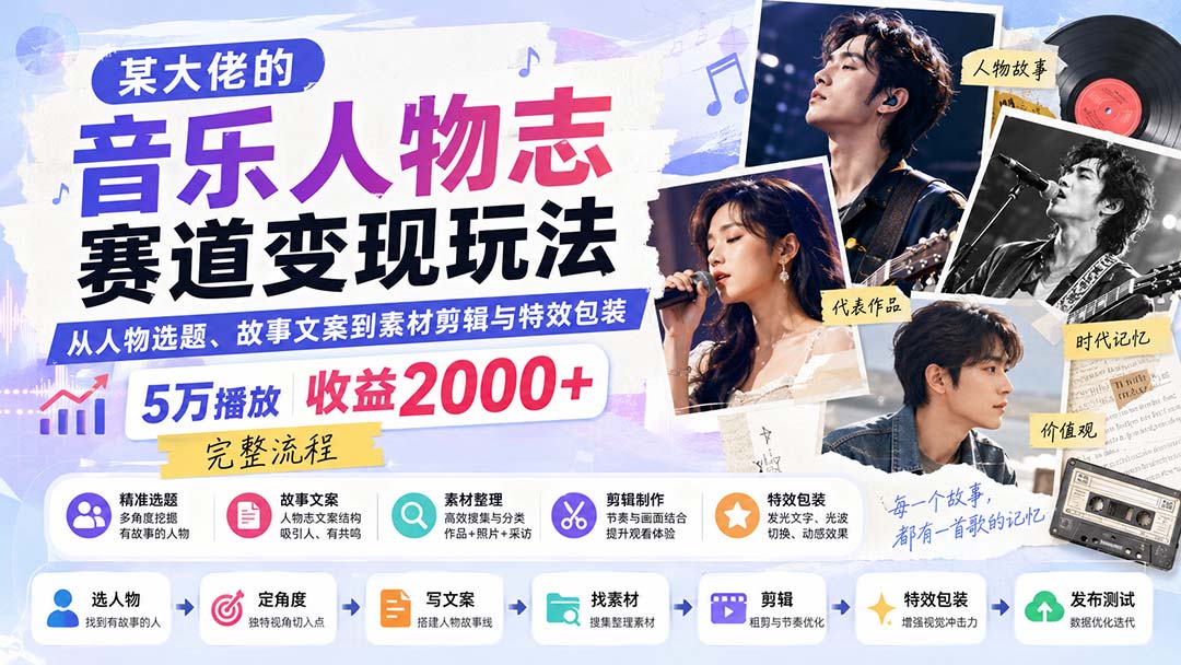 (20121期)某大佬的音乐人物志赛道变现玩法:从人物选题、故事文案到素材剪辑与特效包装,5万播放收益2000+完整流程插图1 (20121期)某大佬的音乐人物志赛道变现玩法:从人物选题、故事文案到素材剪辑与特效包装,5万播放收益2000+完整流程插图1