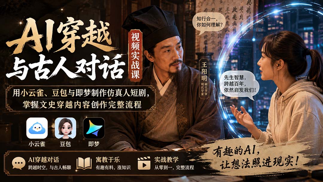 (20171期)AI穿越与古人对话视频实战课:用小云雀、豆包与即梦制作仿真人短剧,掌握文史穿越内容创作完整流程插图1 (20171期)AI穿越与古人对话视频实战课:用小云雀、豆包与即梦制作仿真人短剧,掌握文史穿越内容创作完整流程插图1