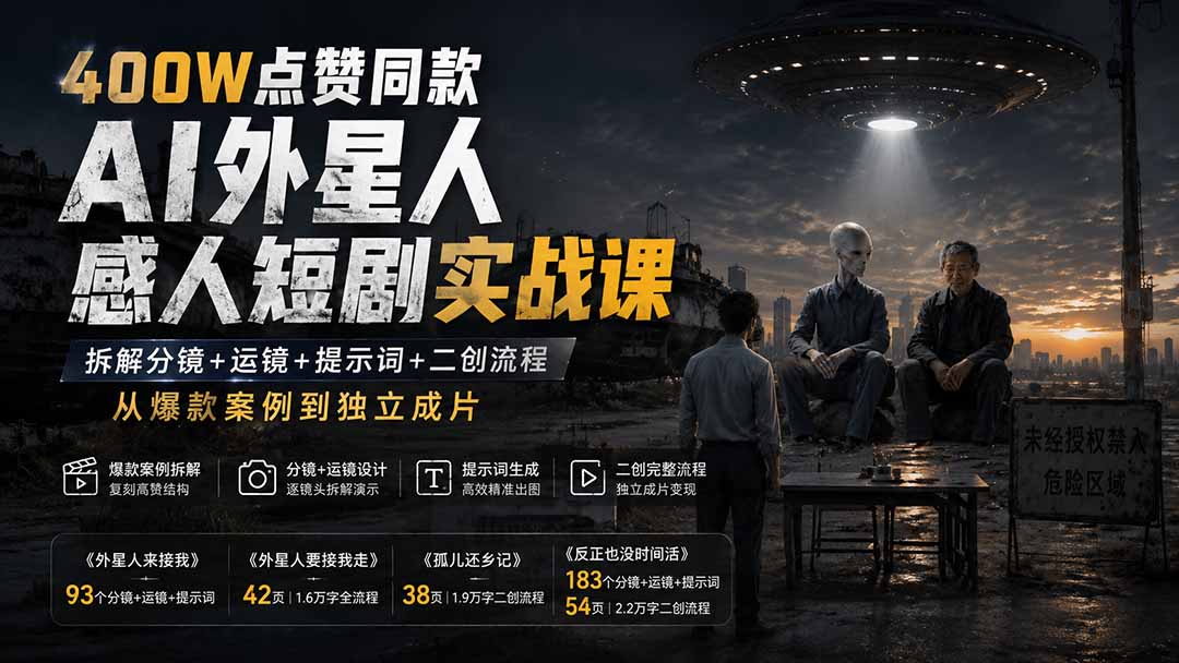 (20052期)400W点赞同款AI外星人感人短剧实战课:拆解分镜+运镜+提示词+二创流程,从爆款案例到独立成片