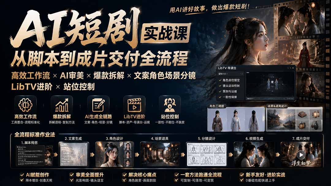 (19717期)AI短剧实战课:高效工作流×AI审美×爆款拆解×文案角色场景分镜×LibTV进阶×站位控制×从脚本到成片交付全流程插图1 (19717期)AI短剧实战课:高效工作流×AI审美×爆款拆解×文案角色场景分镜×LibTV进阶×站位控制×从脚本到成片交付全流程插图1