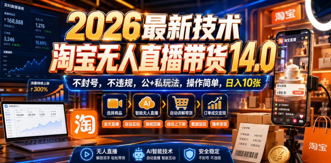2026最新技术，淘宝无人直播带货14.0，不封号，不违规，公+私玩法，操作简单，日入10张【揭秘】