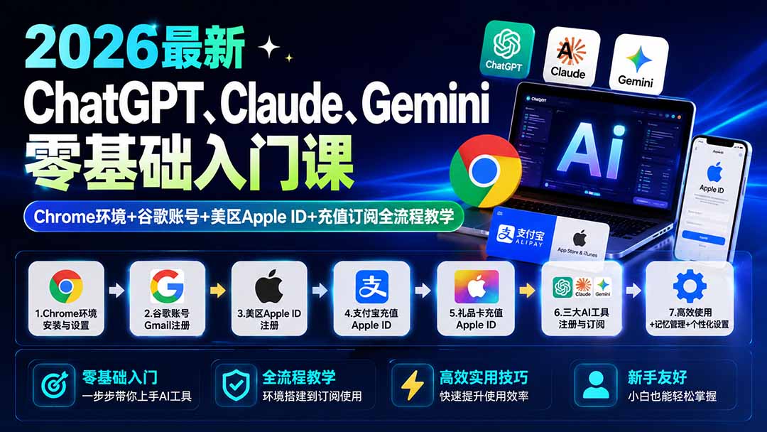 （19923期）2026最新ChatGPT、Claude、Gemini零基础入门课：Chrome环境+谷歌账号+美区Apple ID+充值订阅全流程教学插图1