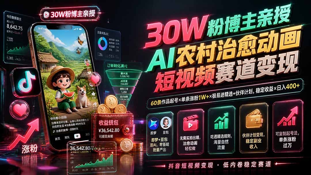 （19648期）30W粉博主亲授AI农村治愈动画短视频赛道变现：60条作品起号×单条涨粉1W+×极易进精选+伙伴计划，稳定收益×日入400+