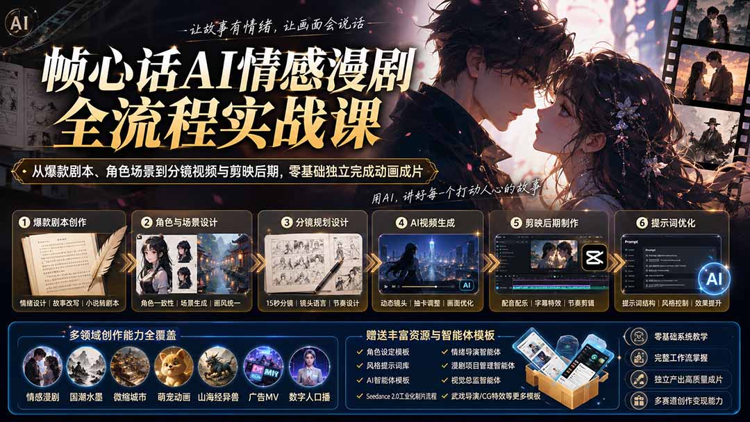 (20036期)帧心话AI情感漫剧全流程实战课:从爆款剧本、角色场景到分镜视频与剪映后期,零基础独立完成动画成片插图1 (20036期)帧心话AI情感漫剧全流程实战课:从爆款剧本、角色场景到分镜视频与剪映后期,零基础独立完成动画成片插图1