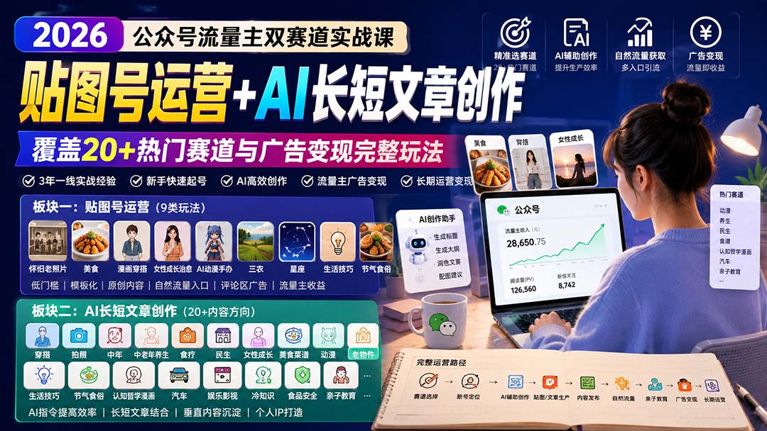 (20153期)公众号流量主双赛道实战课:贴图号运营+AI长短文章创作,覆盖20+热门赛道与广告变现完整玩法插图1 (20153期)公众号流量主双赛道实战课:贴图号运营+AI长短文章创作,覆盖20+热门赛道与广告变现完整玩法插图1