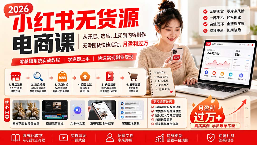 (20154期)小红书无货源电商课(8月30更新):从开店、选品、上架到内容制作,无需囤货快速启动,月盈利过万插图1 (20154期)小红书无货源电商课(8月30更新):从开店、选品、上架到内容制作,无需囤货快速启动,月盈利过万插图1
