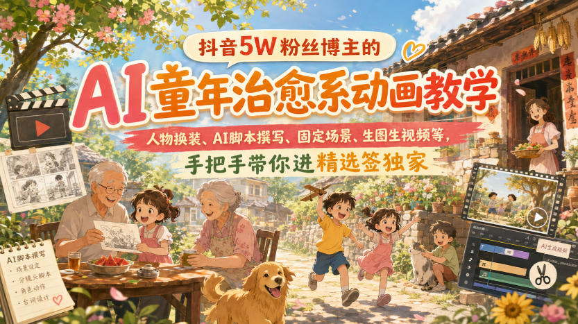 抖音5W粉丝博主的AI童年治愈系动画教学,人物换装、AI脚本撰写、固定场景、生图生视频等,手把手带你进精选签独家插图 抖音5W粉丝博主的AI童年治愈系动画教学,人物换装、AI脚本撰写、固定场景、生图生视频等,手把手带你进精选签独家插图