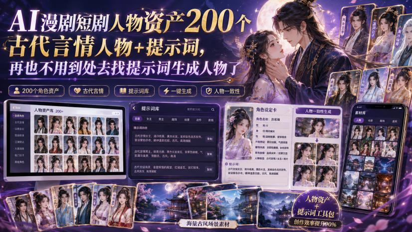 AI漫剧短剧人物资产200个古代言情人物+提示词，再也不用到处去找提示词生成人物了插图
