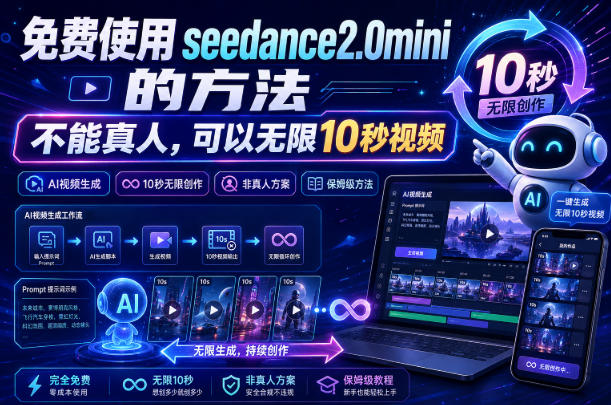 免费使用seedance2.0mini的方法,不能真人,可以无限10秒视频,9图+3音频参考