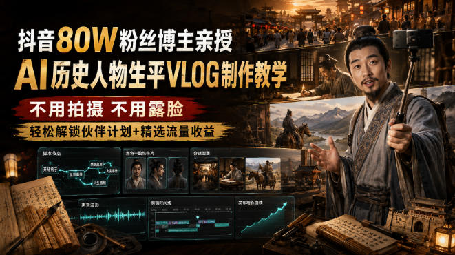 抖音80W粉丝博主的AI历史人物生平VLOG教学，不用拍摄不用露脸，AI帮你搞定，轻松解锁伙伴计划+精选收益插图