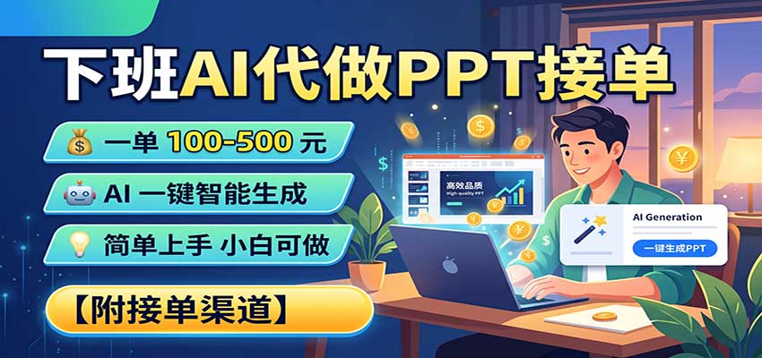 下班AI代做PPT接单，一单100-500，AI一键生成，小白也能做，附接单渠道