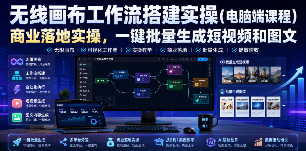 无线画布工作流搭建实操(电脑端课程),商业落地实操,一键批量生成短视频和图文