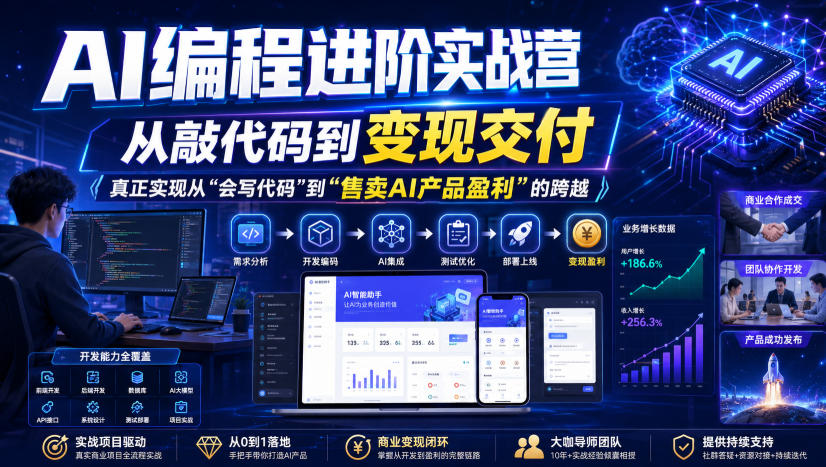 AI编程进阶实战营,从敲代码到变现交付,,真正实现从“会写代码”到“售卖AI产品盈利”的跨越
