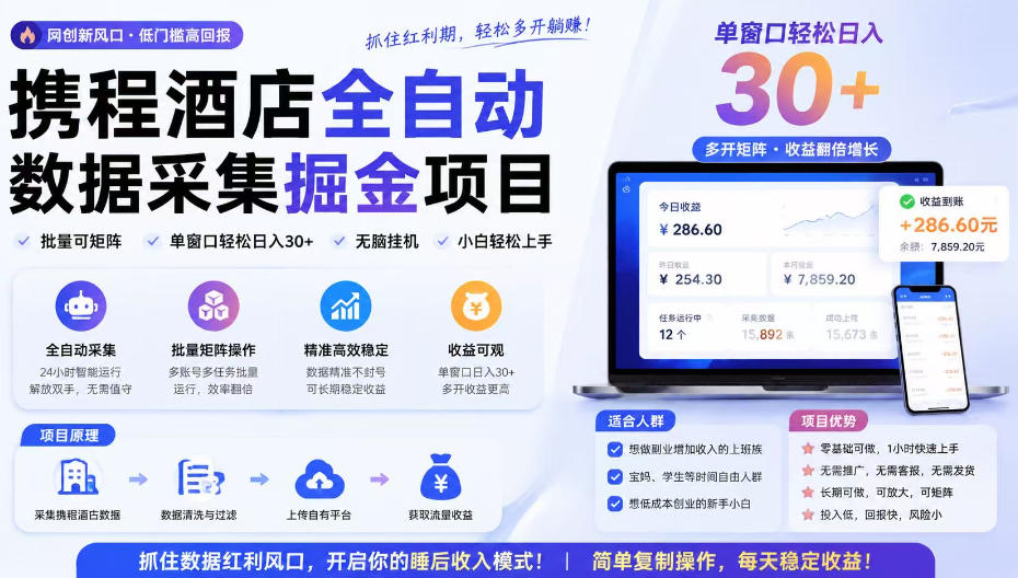 携程酒店采集挂G项目，批量可矩阵，单机轻松日入300+，开启你的睡后收入模式!【揭秘】