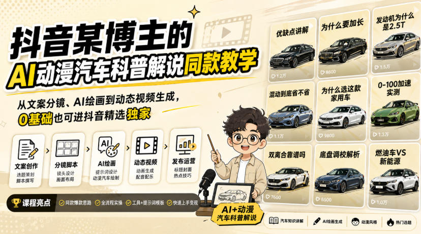 抖音某博主的AI动漫汽车科普解说同款教学,从文案分镜、AI绘画到动态视频生成,0基础解锁抖音精选独家收益插图 抖音某博主的AI动漫汽车科普解说同款教学,从文案分镜、AI绘画到动态视频生成,0基础解锁抖音精选独家收益插图