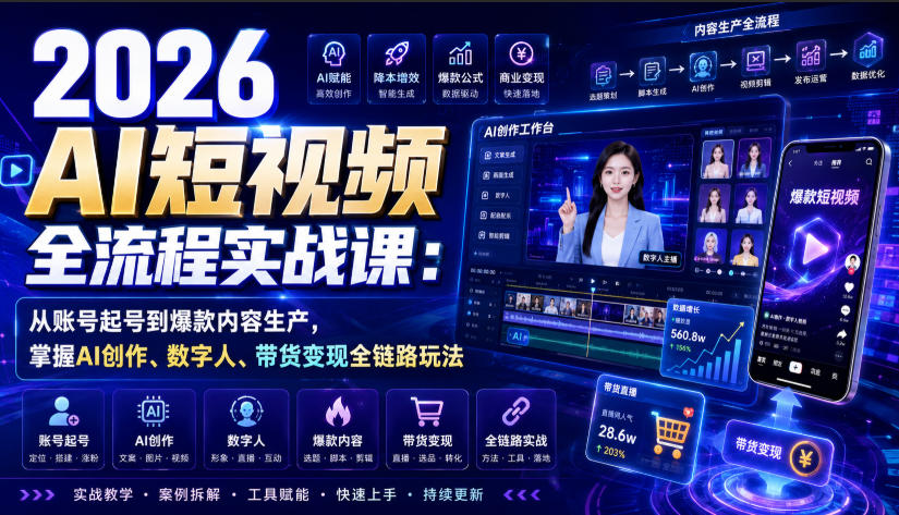 2026 AI短视频全流程实战课:从账号起号到爆款内容生产,掌握AI创作、数字人、带货变现全链路玩法