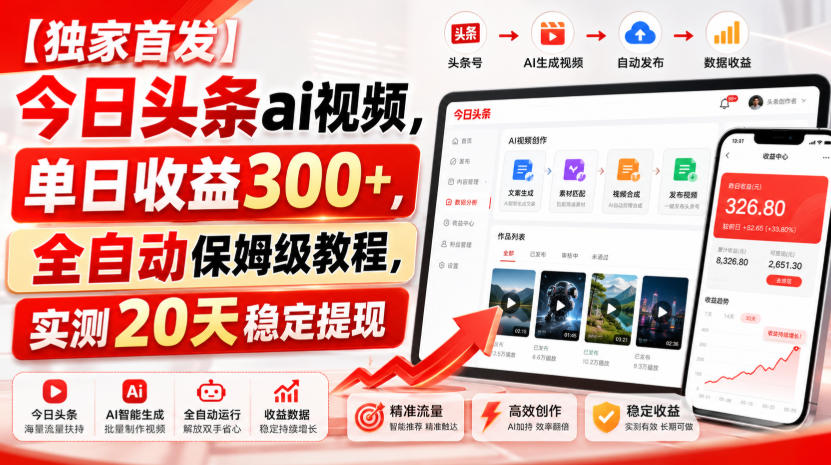 【独家首发】今日头条ai视频，单日收益300+，全自动保姆级教程，实测20天稳定提现【揭秘】