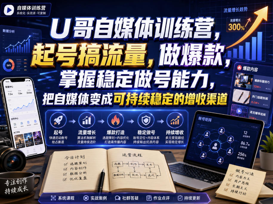 U哥自媒体训练营,起号搞流量,做爆款,掌握稳定做号能力,把自媒体变成可持续稳定的增收渠道
