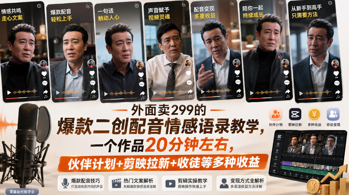 外面卖299的爆款二创配音情感语录教学,一个作品20分钟左右,伙伴计划+剪映拉新+收徒等多种收益插图 外面卖299的爆款二创配音情感语录教学,一个作品20分钟左右,伙伴计划+剪映拉新+收徒等多种收益插图